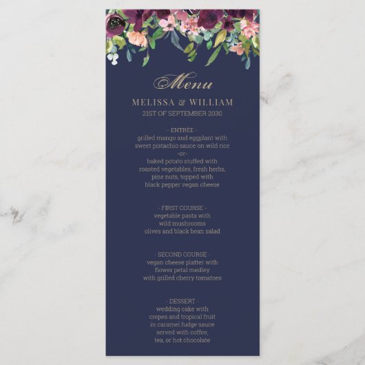 Waterverf Bloemenmarine bruiloft Menu (Voorkant)