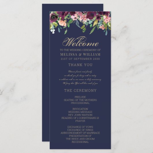 Waterverf Bloemenmarine bruiloft Programmakaart (Voorkant / Achterkant)