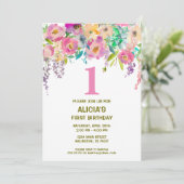 Waterverf bloemenmeisjes 1e verjaardag uitnodiging (Staand voorkant)
