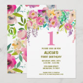 Waterverf bloemenmeisjes 1e verjaardag uitnodiging (Voorkant / Achterkant)