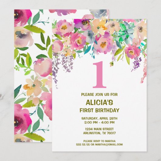 Waterverf bloemenmeisjes 1e verjaardag uitnodiging (Voorkant / Achterkant)