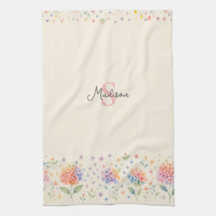 Waterverf bloemenmonogram — pastelbloesems theedoek