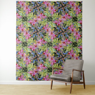 Waterverf bloemenmotief geel groen roze wandkleed