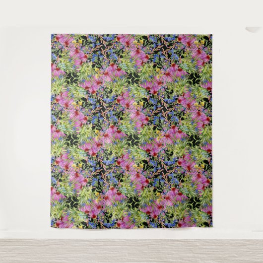 Waterverf bloemenmotief geel groen roze wandkleed (Voorkant)