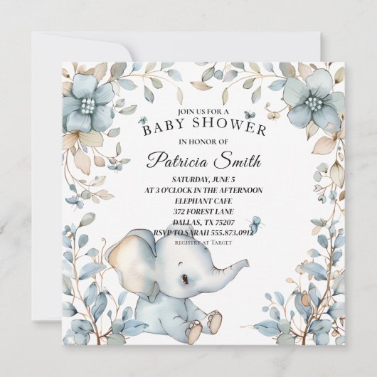  Waterverf Bloemenolifant Baby shower Kaart (Voorkant)