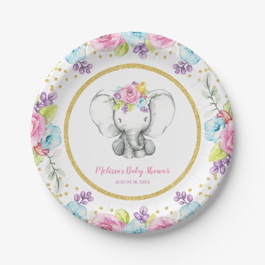 Waterverf Bloemenolifant Baby shower Papieren Bordje (Voorkant)