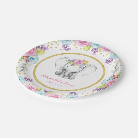 Waterverf Bloemenolifant Baby shower Papieren Bordje (Gekanteld)