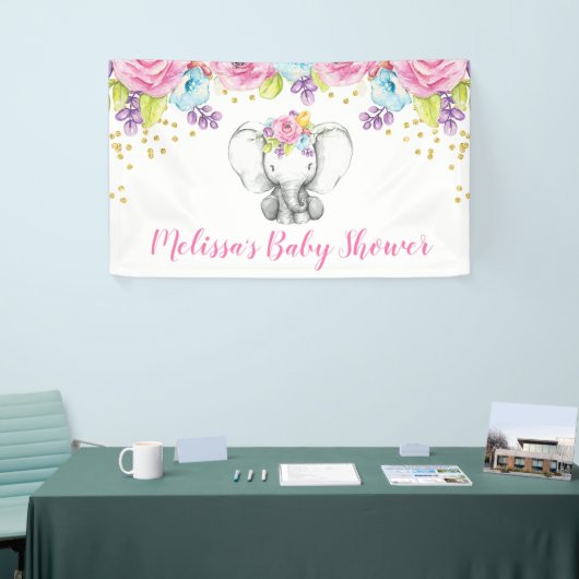 Waterverf Bloemenolifant Baby shower Spandoek (Beurs)