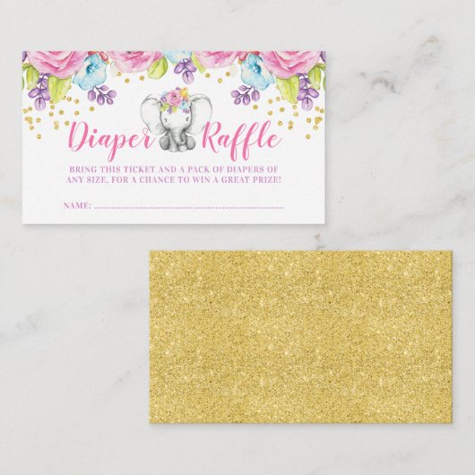 Waterverf Bloemenolifant Luier Raffle Ticket Informatiekaartje (Voorkant / Achterkant)