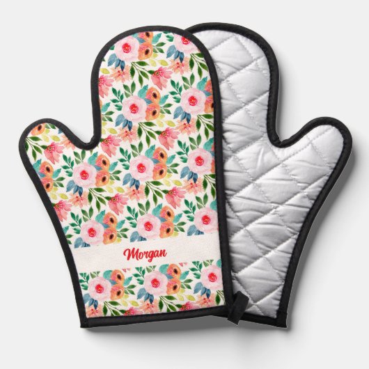  Waterverf bloemenpatroon, aangepaste tekstnaam Ovenwant (Voorkant / Achterkant)