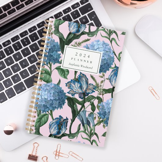 Waterverf Bloemenpatroon Blauw Roze Monogram 2024 Planner