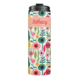 Waterverf Bloemenpatroon met Naam Elegant Thermosbeker