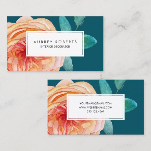  Waterverf Bloemenpatroon Perzik Blauwgroen Groen Visitekaartje (Voorkant / Achterkant)