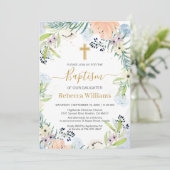 Waterverf Bloemenperzik Blauw Doopsel Uitnodiging (Staand voorkant)