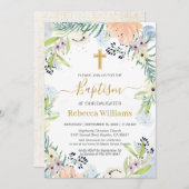 Waterverf Bloemenperzik Blauw Doopsel Uitnodiging (Voorkant / Achterkant)