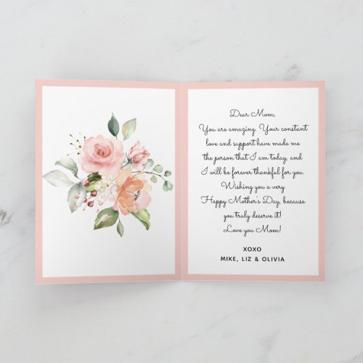 Waterverf Bloemenperzik Roze Moederdag Foto Kaart (Binnen)