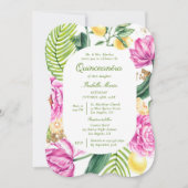 Waterverf Bloemenpioenen QR Code Quinceañera Kaart (Voorkant)