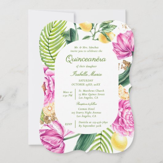 Waterverf Bloemenpioenen QR Code Quinceañera Kaart (Voorkant)