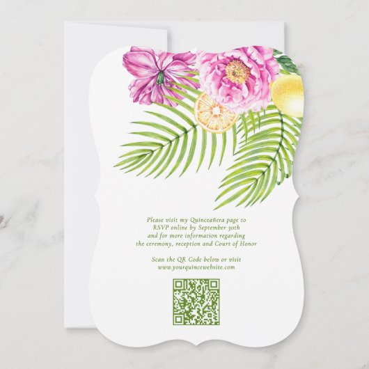 Waterverf Bloemenpioenen QR Code Quinceañera Kaart (Achterkant)