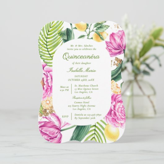 Waterverf Bloemenpioenen QR Code Quinceañera Kaart (Staand voorkant)