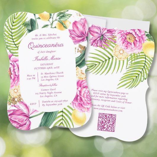 Waterverf Bloemenpioenen QR Code Quinceañera Kaart