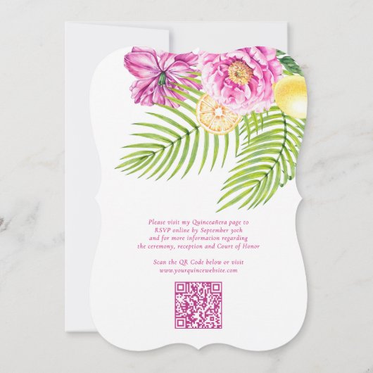 Waterverf Bloemenpioenen QR Code Quinceañera Kaart (Achterkant)