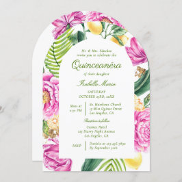 Waterverf Bloemenpioenen QR Code Quinceañera Kaart