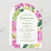 Waterverf Bloemenpioenen QR Code Quinceañera Kaart (Voorkant / Achterkant)