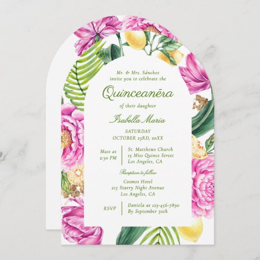 Waterverf Bloemenpioenen QR Code Quinceañera Kaart (Voorkant / Achterkant)