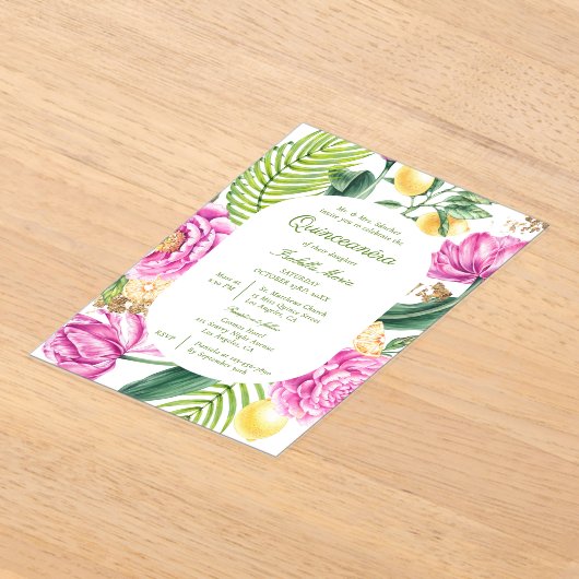 Waterverf Bloemenpioenen Tulpen Citroen Quinceañer Acryl Uitnodigingen (Laagn)