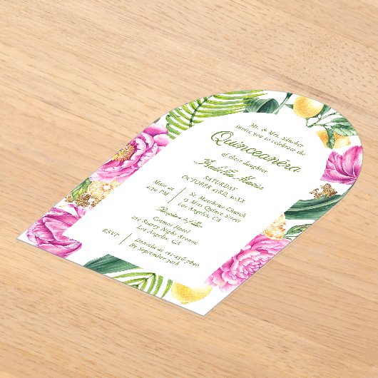 Waterverf Bloemenpioenen Tulpen Citroen Quinceañer Acryl Uitnodigingen (Laagn)