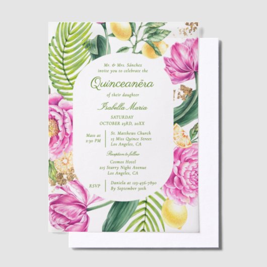 Waterverf Bloemenpioenen Tulpen Citroen Quinceañer Vellum Uitnodigingen (Offset)