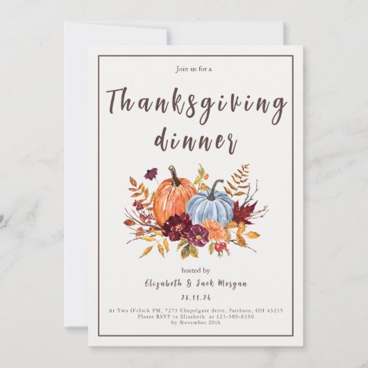 Waterverf Bloemenpompoen Thanksgiving Diner Kaart (Voorkant)