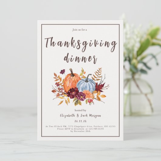 Waterverf Bloemenpompoen Thanksgiving Diner Kaart (Staand voorkant)