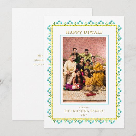 Waterverf bloemenrand Foto Diwali Groet Feestdagenkaart (Voorkant / Achterkant)