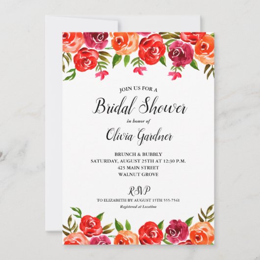 Waterverf Bloemenrood Sinaasappel Vrijgezellenfees Kaart (Voorkant)