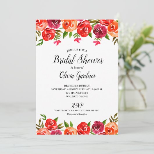 Waterverf Bloemenrood Sinaasappel Vrijgezellenfees Kaart (Staand voorkant)