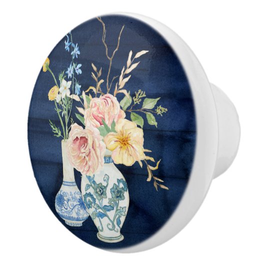 Waterverf Bloemenroze bloemenvaas blauw hout Keramische Knop (Rechts)