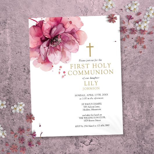 Waterverf Bloemenroze Eerste Heilige Communie Uitn Briefkaart