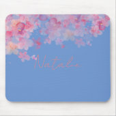 Waterverf bloemenroze koraal blauw naam muismat (Voorkant)