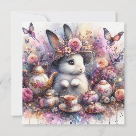 Waterverf Bloemenroze Paarse konijntje paasthee Feestdagenkaart (Voorkant)