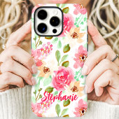Waterverf Bloemenroze perzik Custom Name Case-Mate iPhone Case