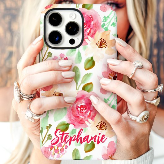 Waterverf Bloemenroze perzik Custom Name Case-Mate iPhone Case