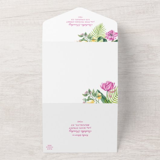 Waterverf Bloemenroze pioenen Foto Quinceañera All In One Uitnodiging (Buitenkant)