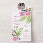 Waterverf Bloemenroze pioenen Foto Quinceañera All In One Uitnodiging (Binnen)