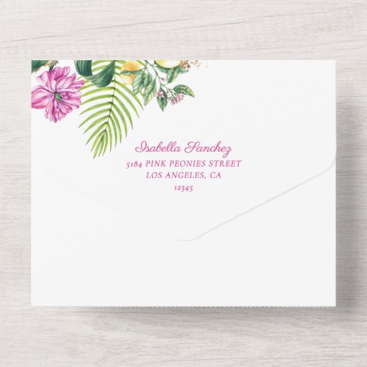 Waterverf Bloemenroze pioenen Foto Quinceañera All In One Uitnodiging (Achterkant)