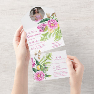 Waterverf Bloemenroze pioenen Foto Quinceañera All In One Uitnodiging