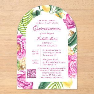 Waterverf Bloemenroze pioenen QR Code Quinceañera Acryl Uitnodigingen