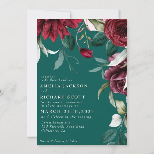 Waterverf bloemenrozen Smaragdgroene bruiloft Kaart (Voorkant)