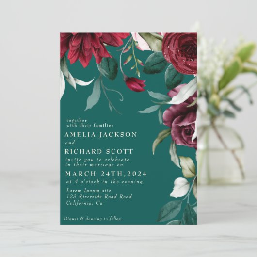 Waterverf bloemenrozen Smaragdgroene bruiloft Kaart (Staand voorkant)